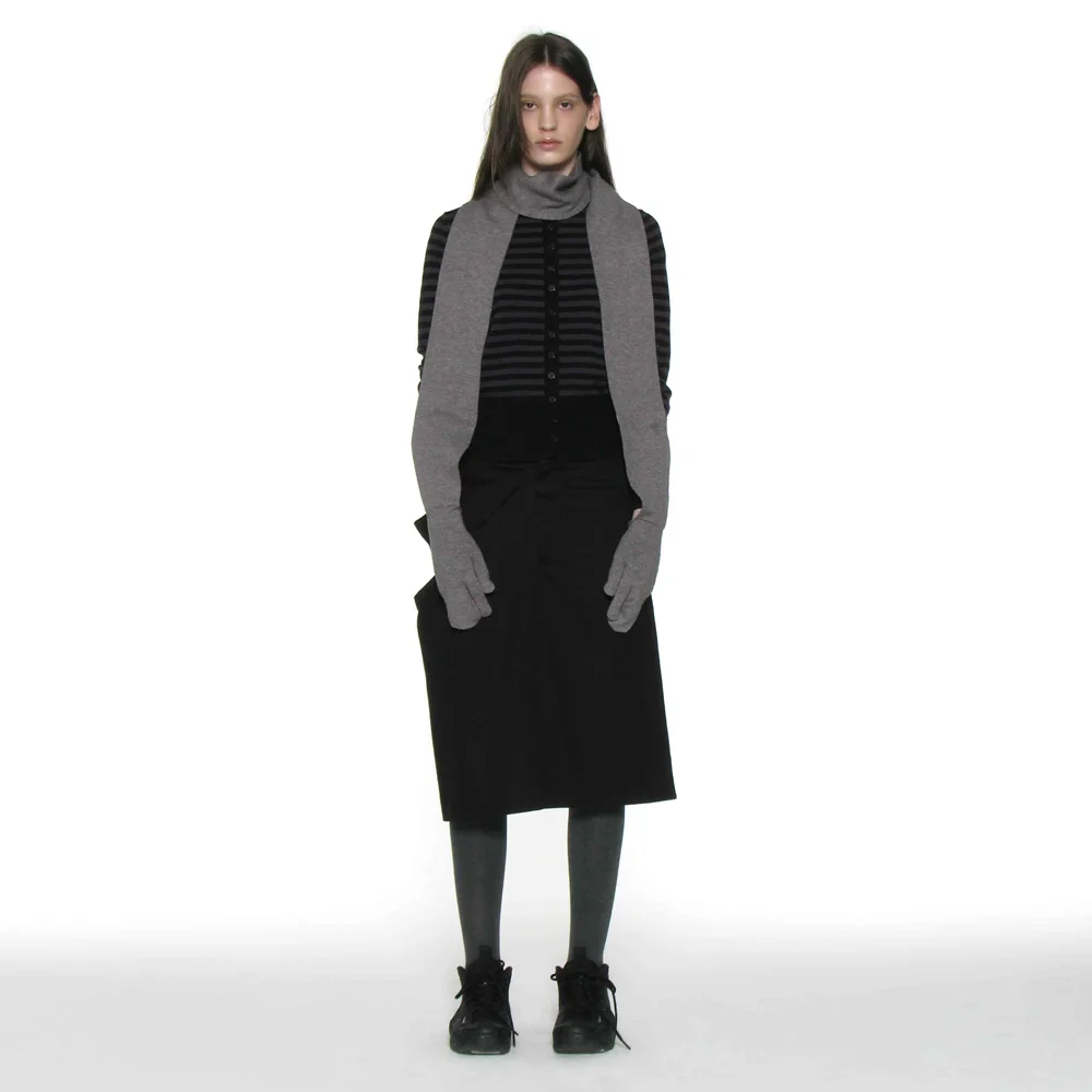 ASYMMETRIC DRAPE PANEL MIDI SKIRT_BLACK