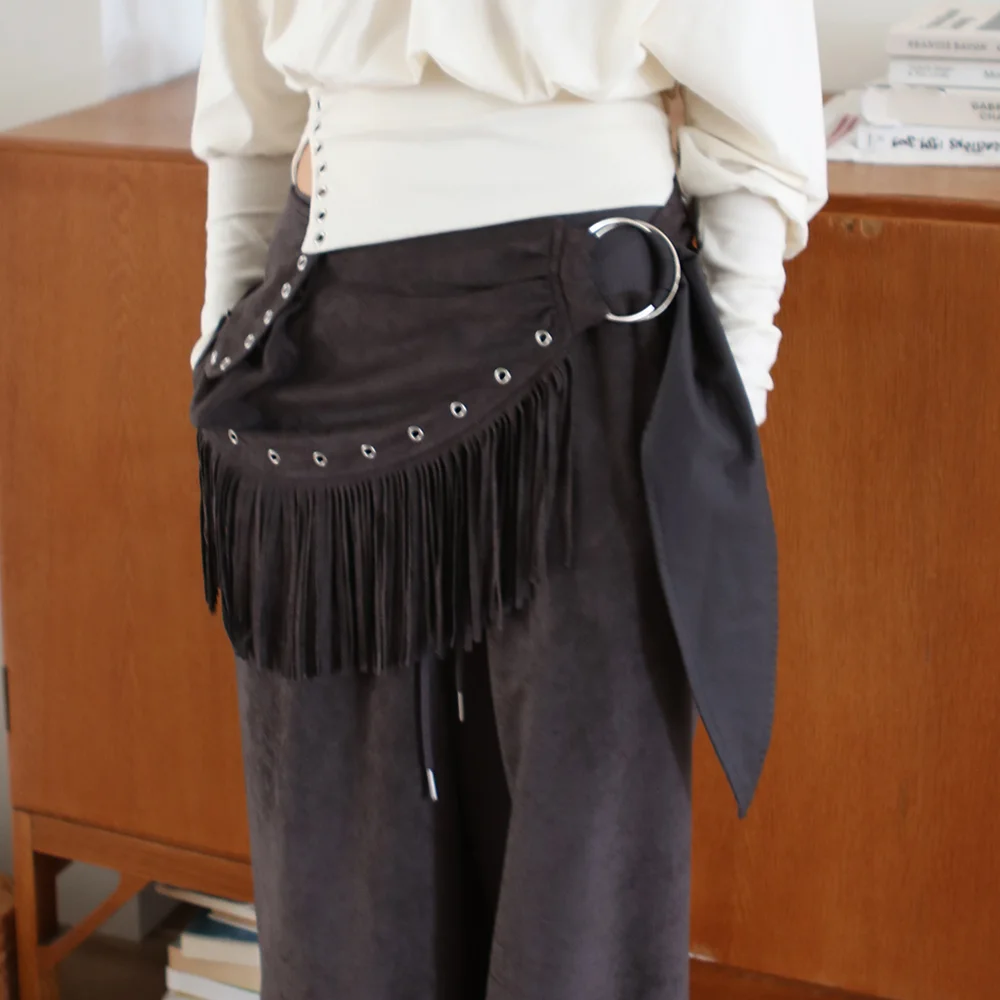 SUEDE FRINGE POCKET WRAP CHARCOAL
