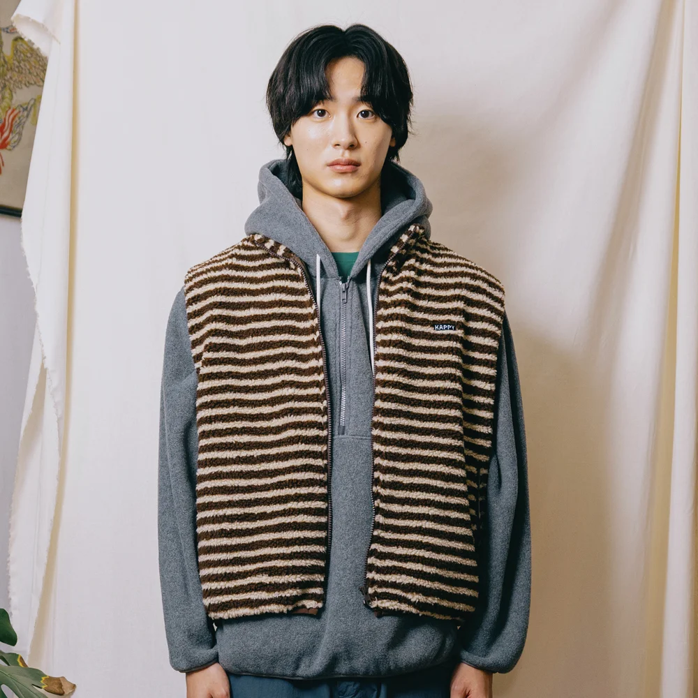 STRIPE FLEECE ZIPPER VEST (BROWN)