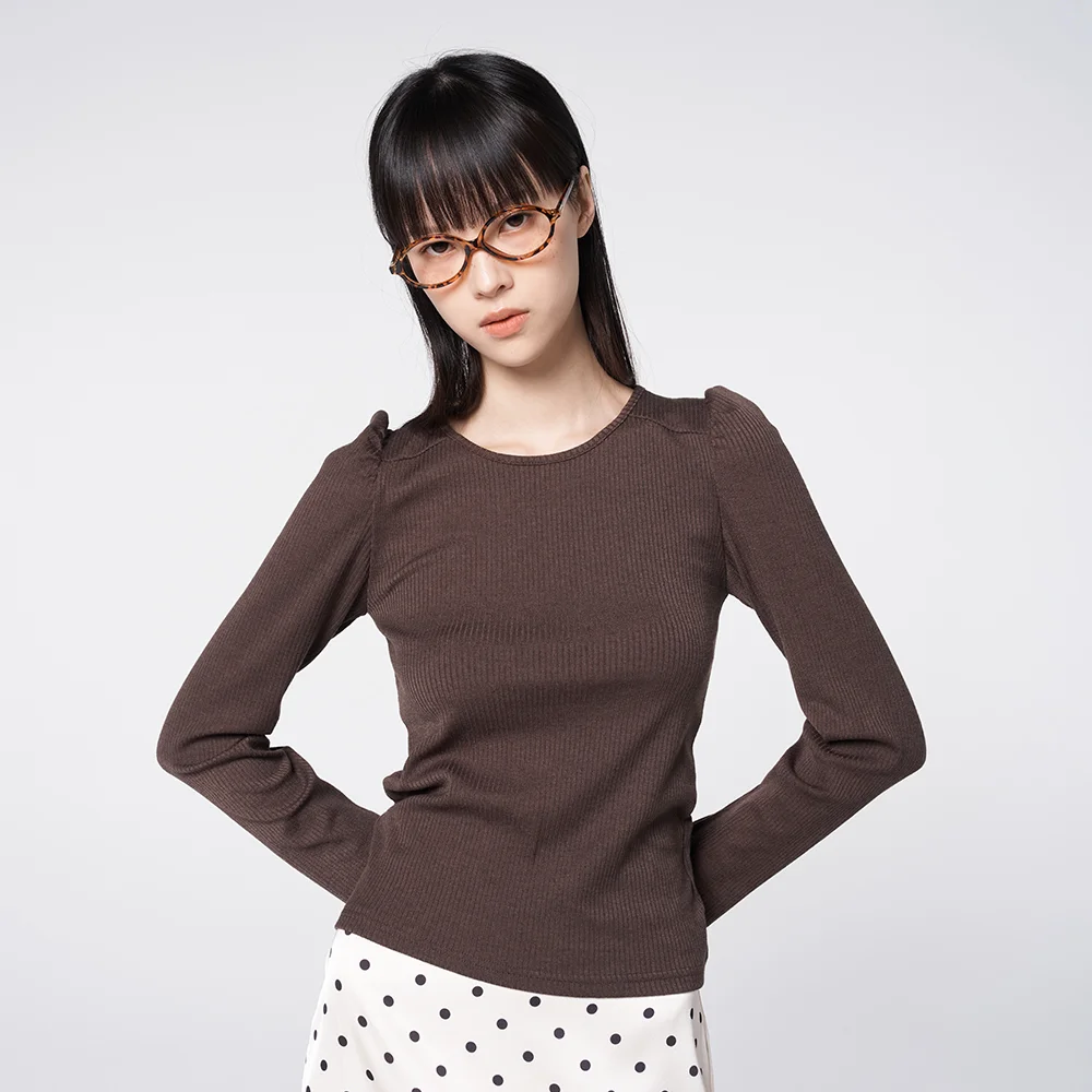 Scoop Neck Puff Sleeve Ribbed Top Brown