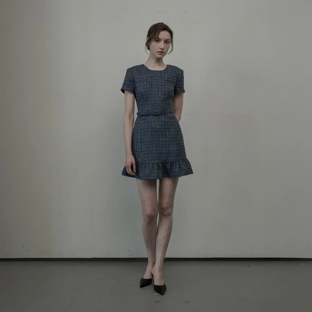 Tweed Belted Flare Dress - Denim