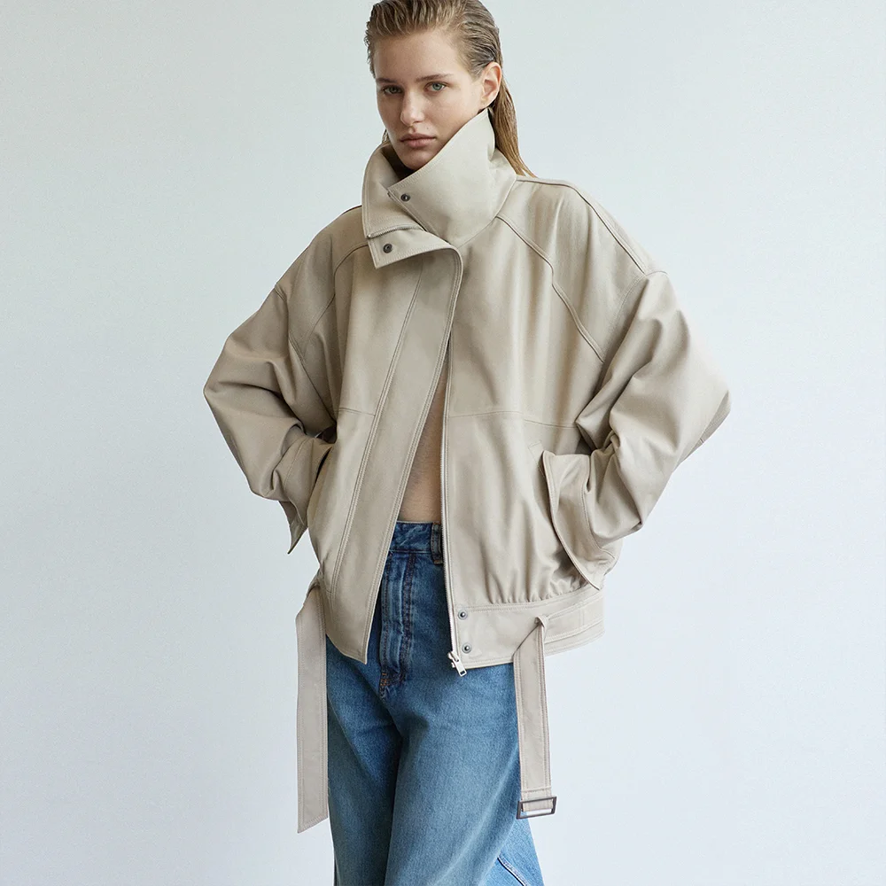High-Neck Belted Leather Blouson_Cream