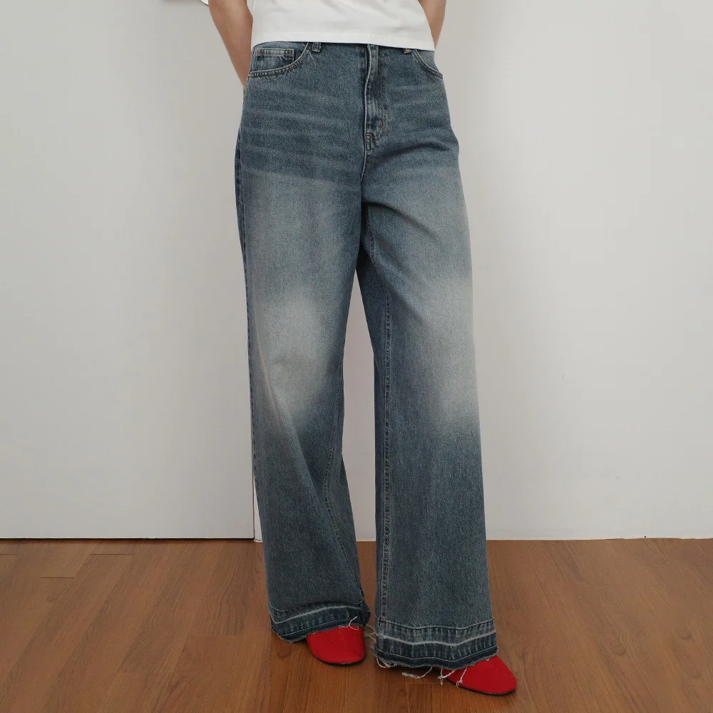 VINTAGE DAMAGE WIDE DENIM PANTS - BLUE