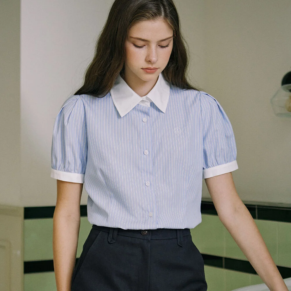 Puff Half Sleeve Stripe Shirt - Blue