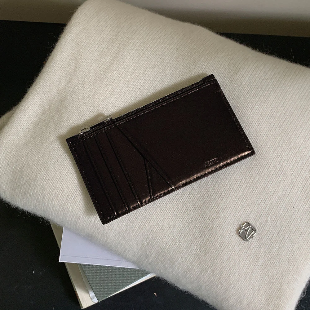 皮革 側邊 拉鏈 卡片 托架_DARK BROWN