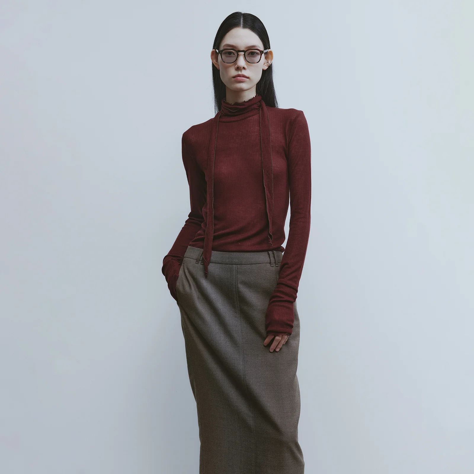 Tied High-neck Jersey Top-Burgundy