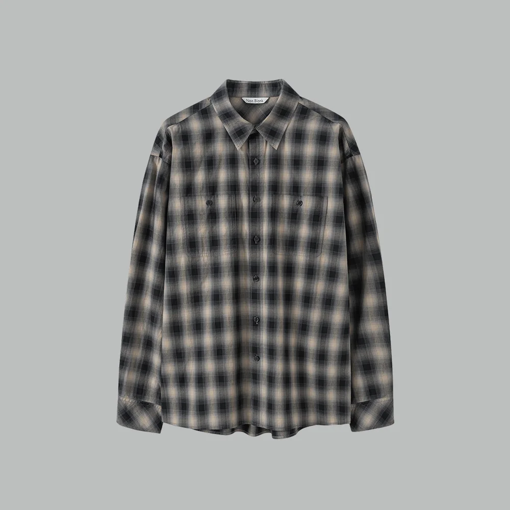 漸層 純棉 格紋 LS 襯衫_BEIGE