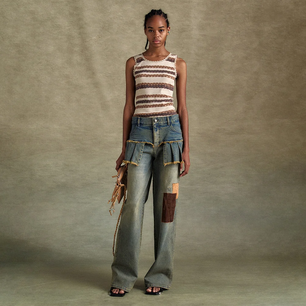 PATCHWORK DENIM PLEATS SKIRT JEANS apa799w(WASHED BLUE)