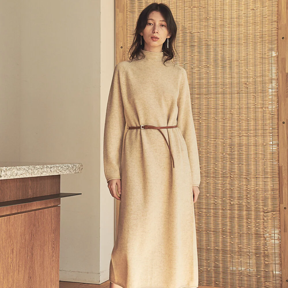 HIGH-NECK CASHMERE LONG KNIT DRESS_OATMEAL