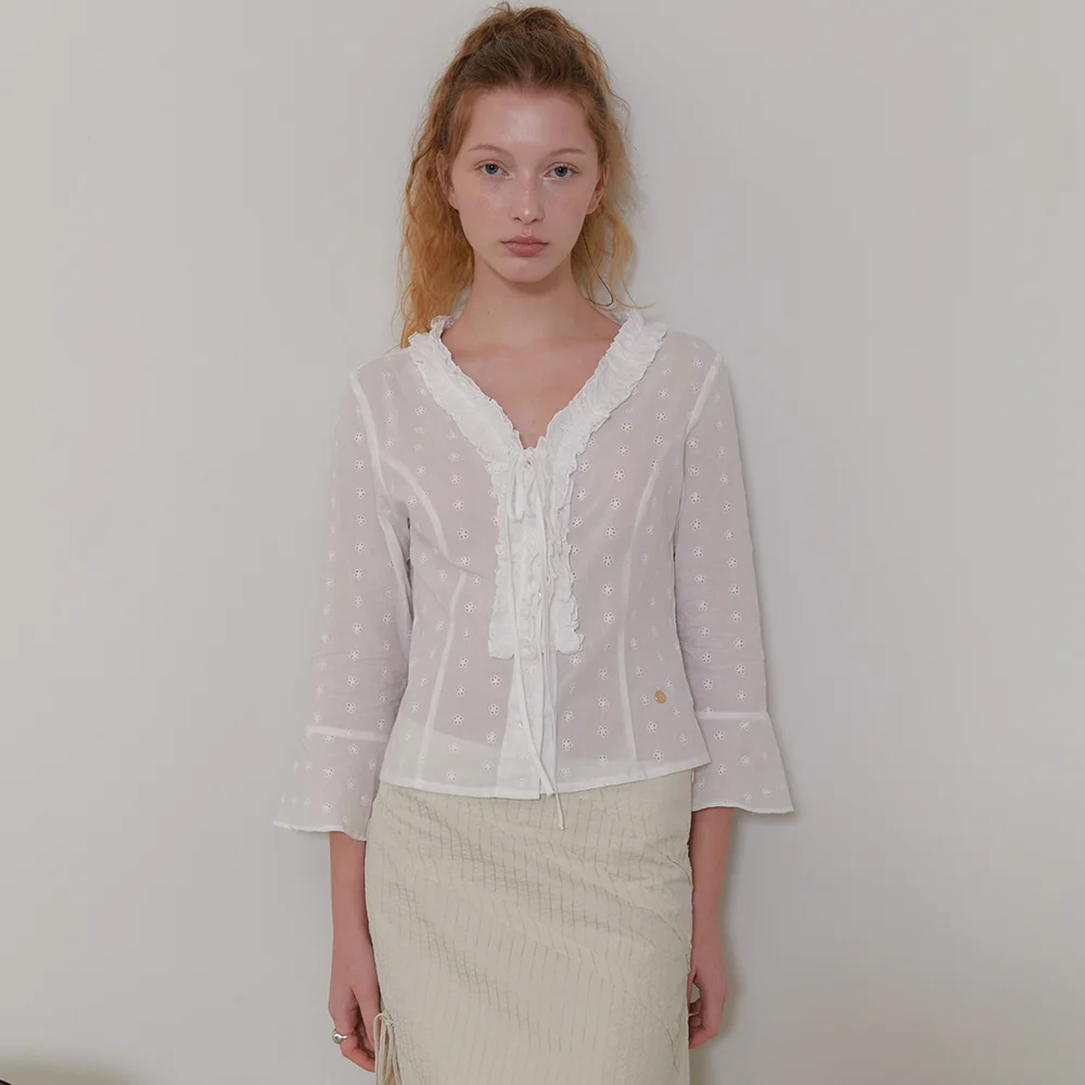 Ruffle floral open blouse_ivory