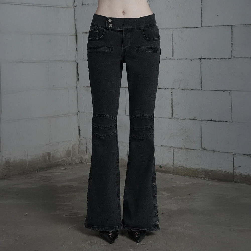 Double Knee Side Button Bootcut Denim Pants (Dark Gray)