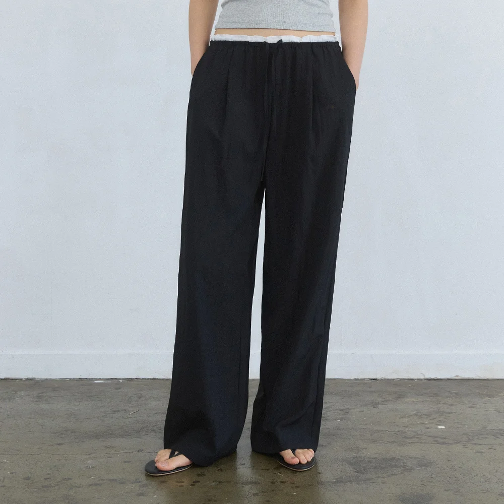 Frill layered sagging banding pants - black