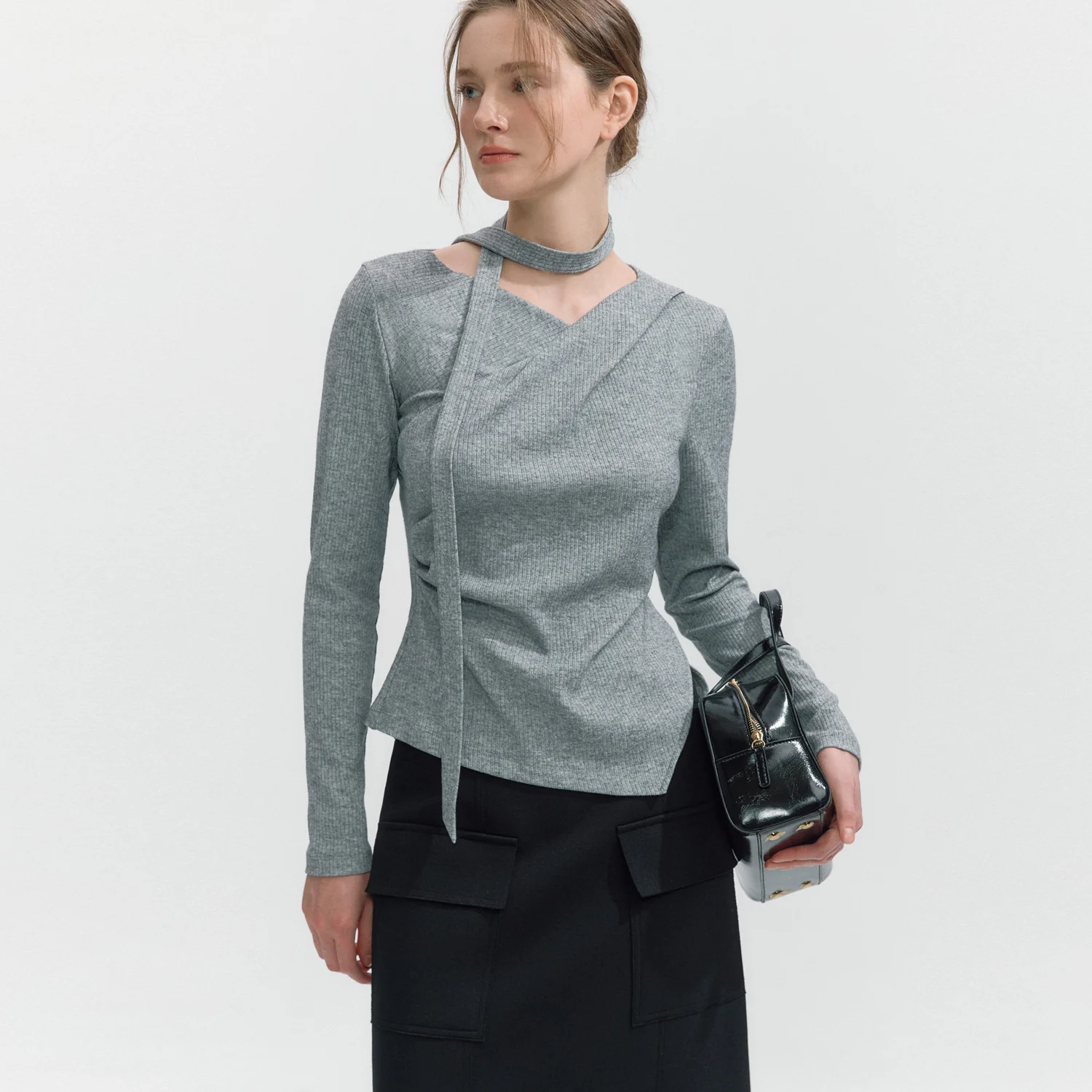 Unbalance Draped Wrap T-blouse MELANGE GRAY