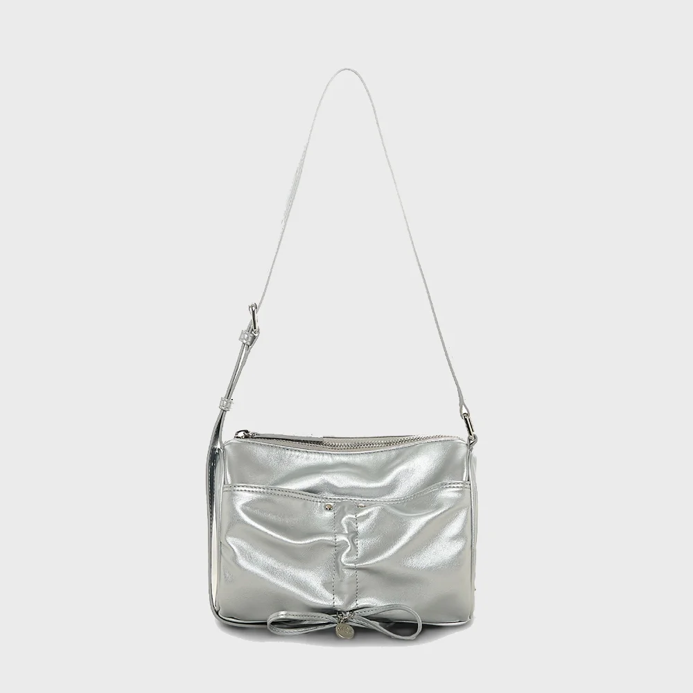 FRONT SHIRRING RIBBON MINI BAG IN SILVER