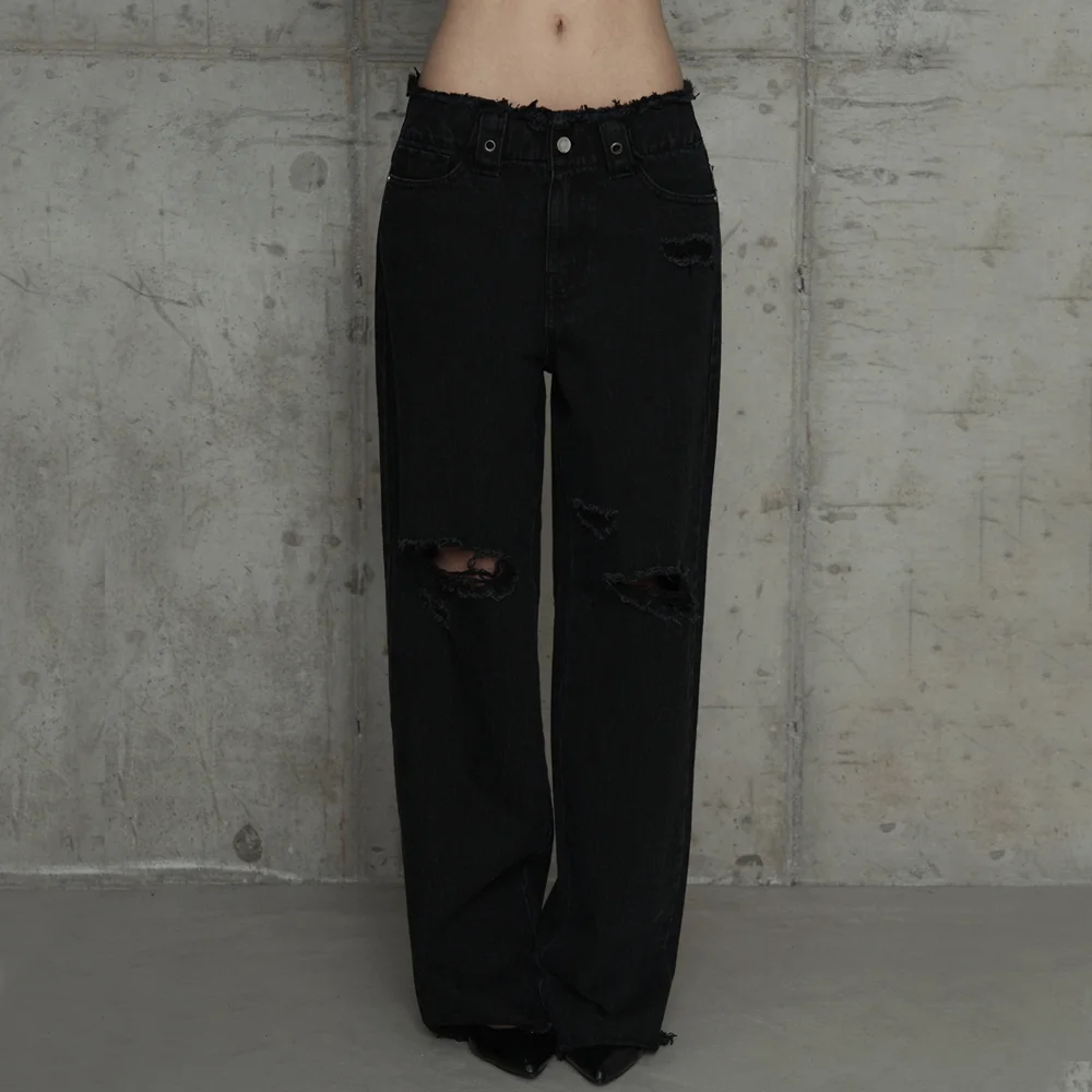 Wide Front Damage Denim Pants (Black)