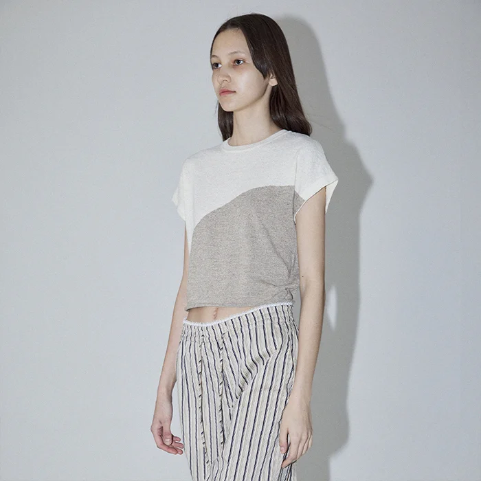 TWO TONE DRAWSTRING KNIT TOP - CREAM