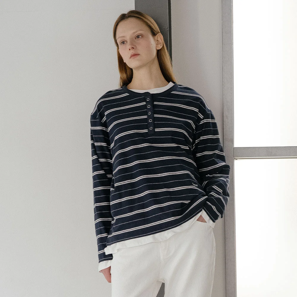 Henley neck stripe longsleeve T-shirt _Navy