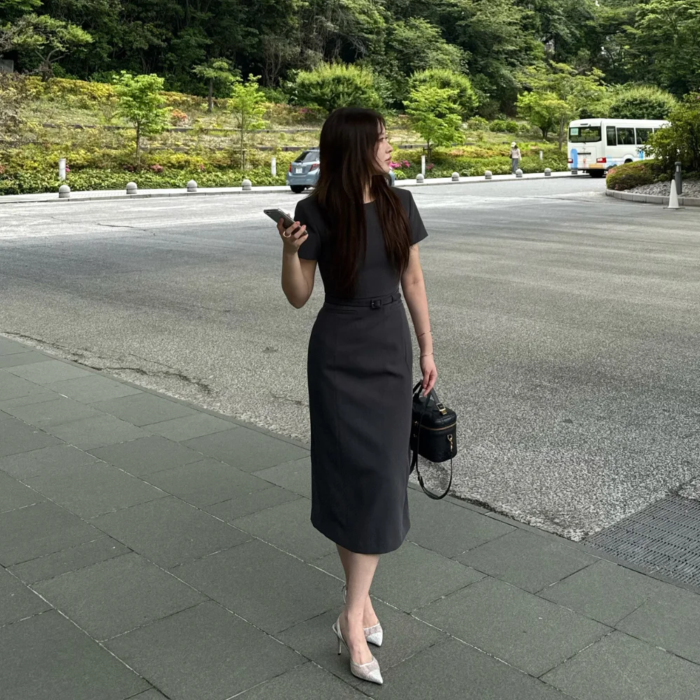 Belted Round Neck Long Suit Dress - Charcoal