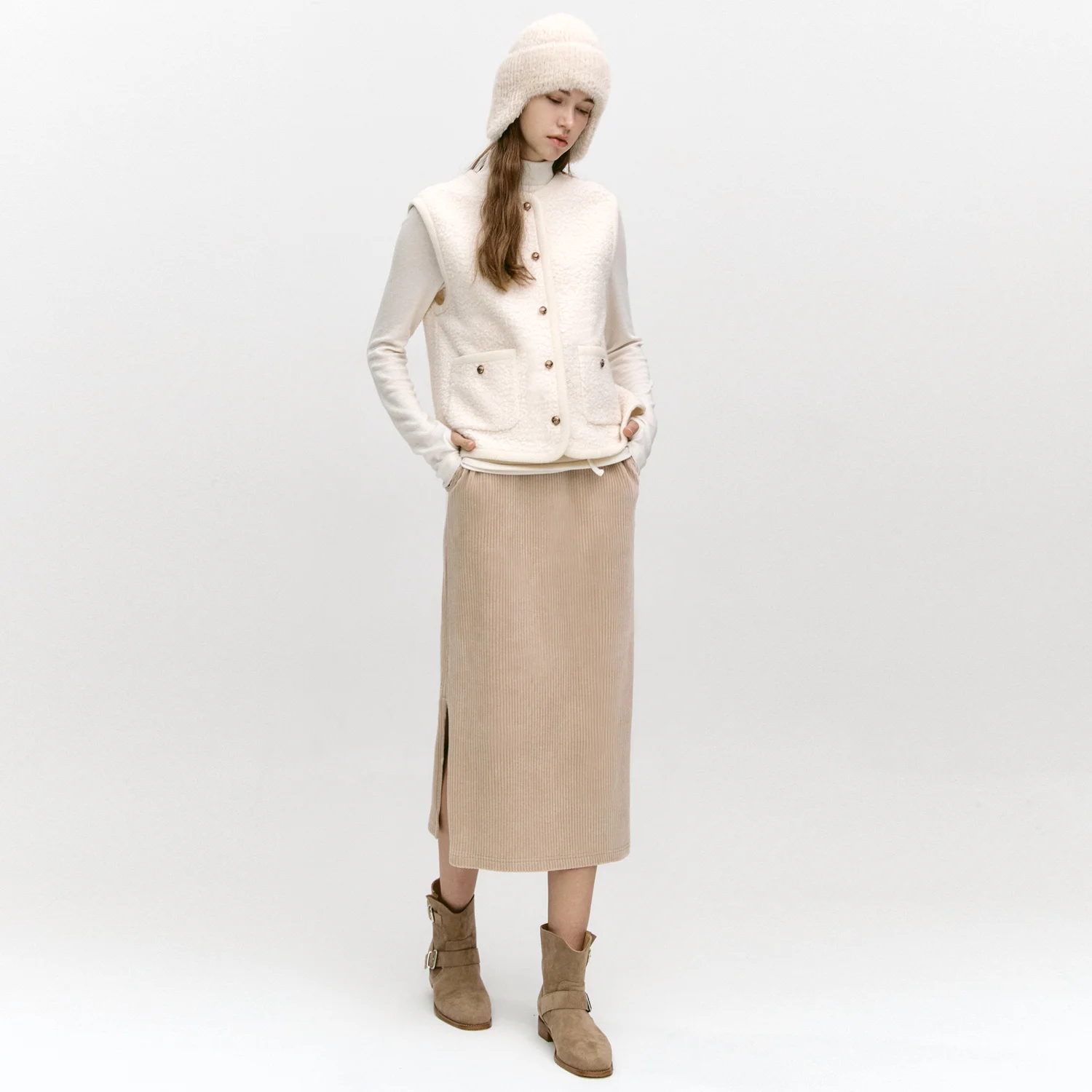 Corduroy Banding Side-Slit Skirt BEIGE