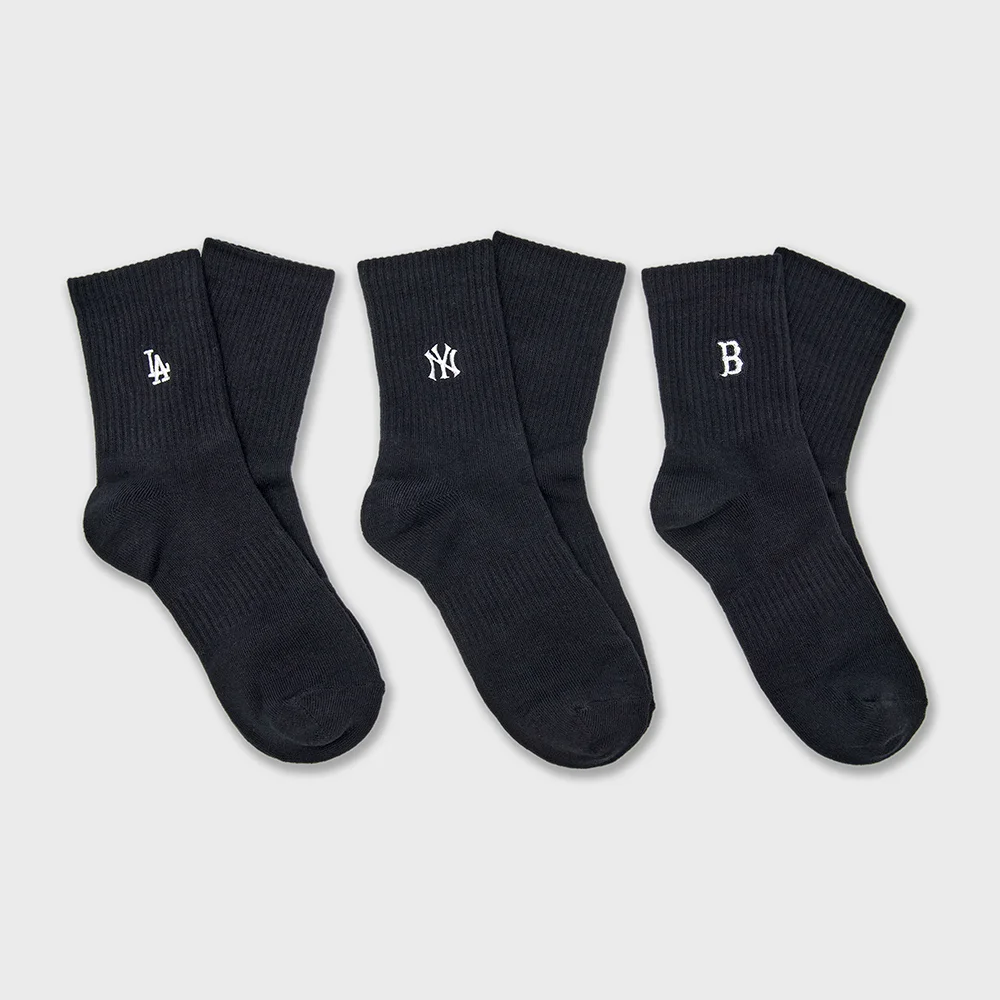 小標誌 刺繡 中筒襪 3雙套裝 MLB (Black)