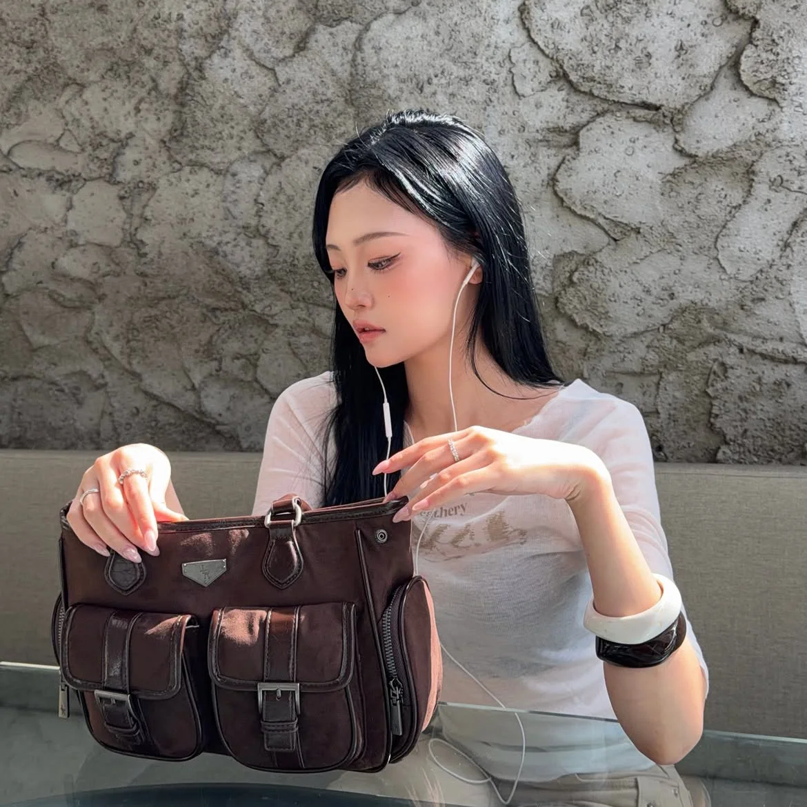 多色 口袋 麂皮 單肩袋