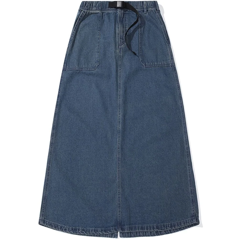 M-LABEL BELTED DENIM LONG SKIRT 午夜牛仔