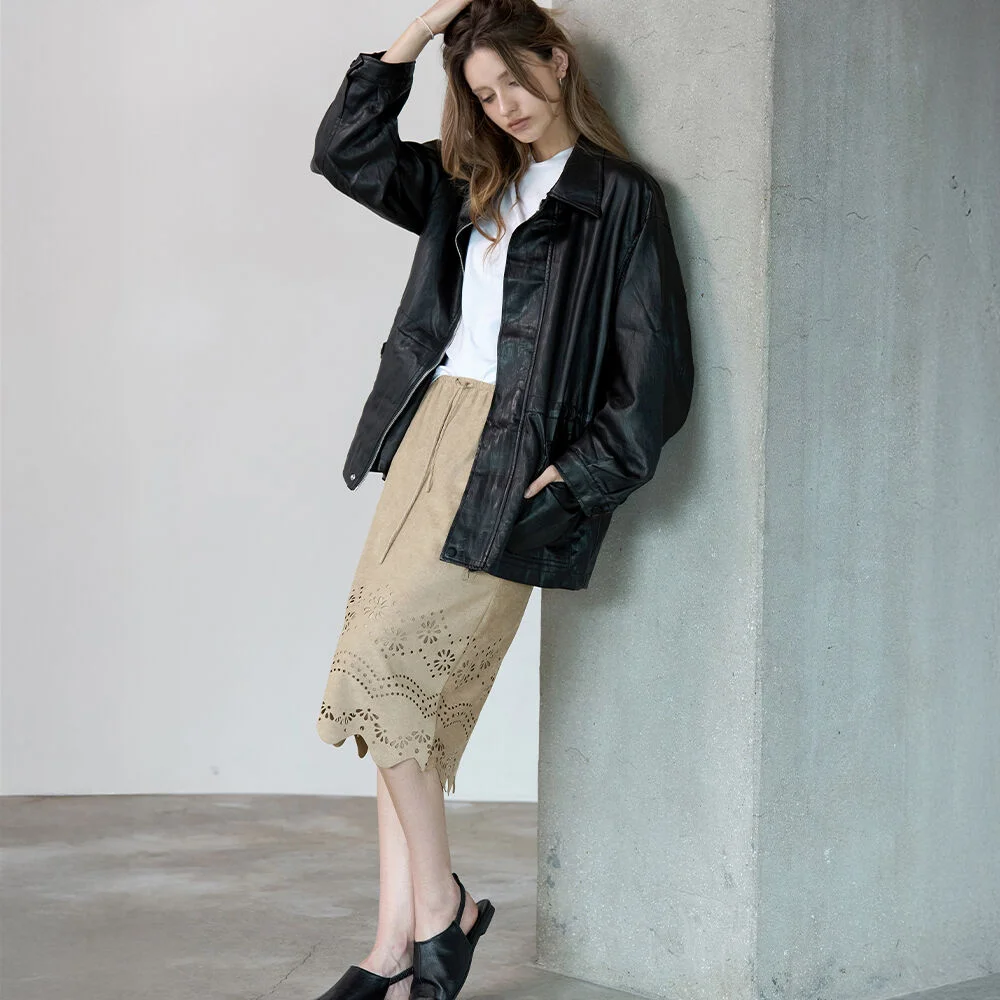 波浪 沖孔 麂皮裙 BEIGE
