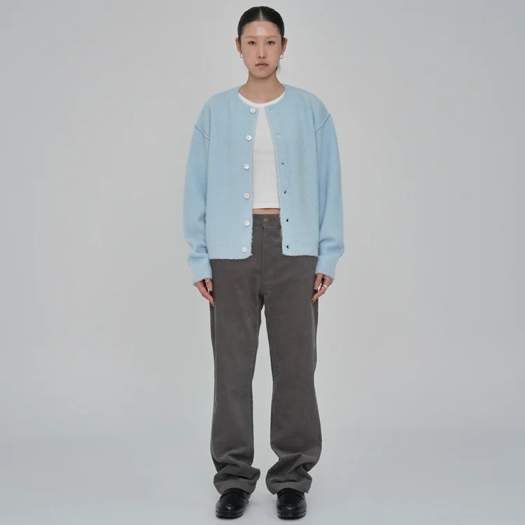 Out seam round-neck cardigan, sky-blue
