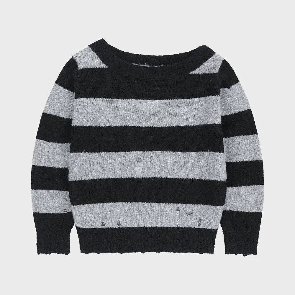 DAMAGED OFF SHOULDER STRIPE KNIT