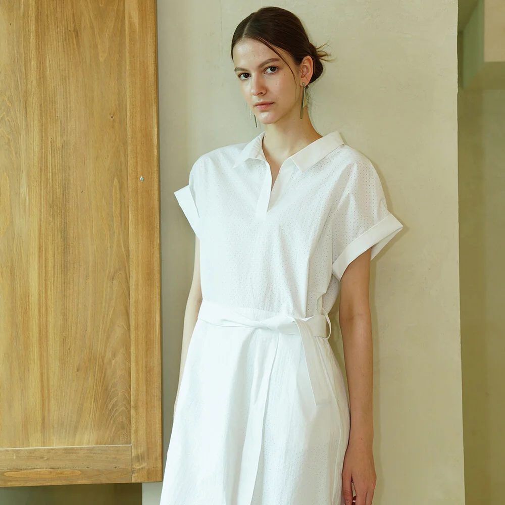 Punching Detail Collar Neck Dress _ White