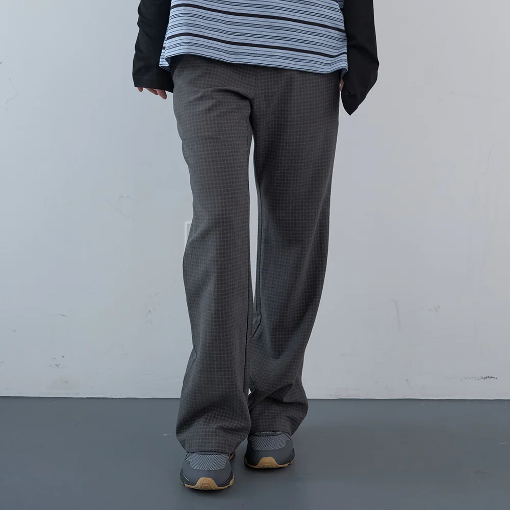 啞光 格紋 鬆緊帶 靴型 褲子 (Grey)