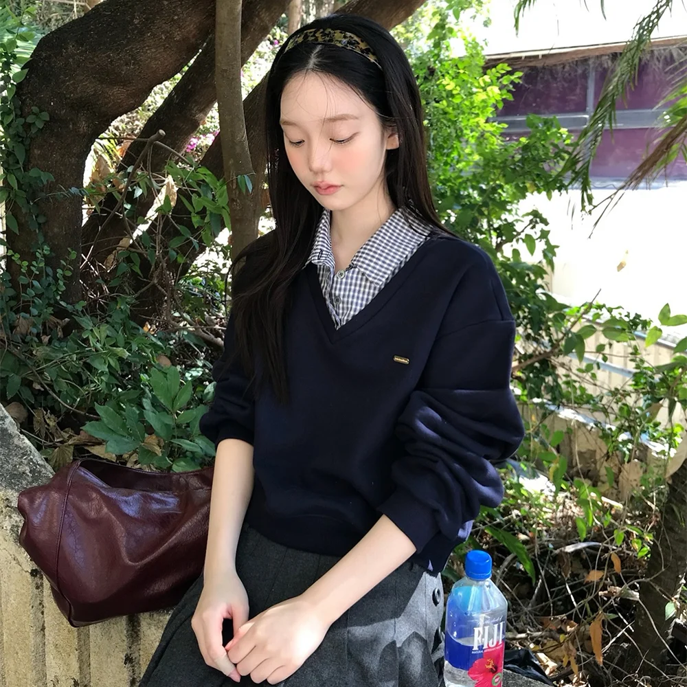 Glit格紋疊穿衛衣 ( 深藍色 )