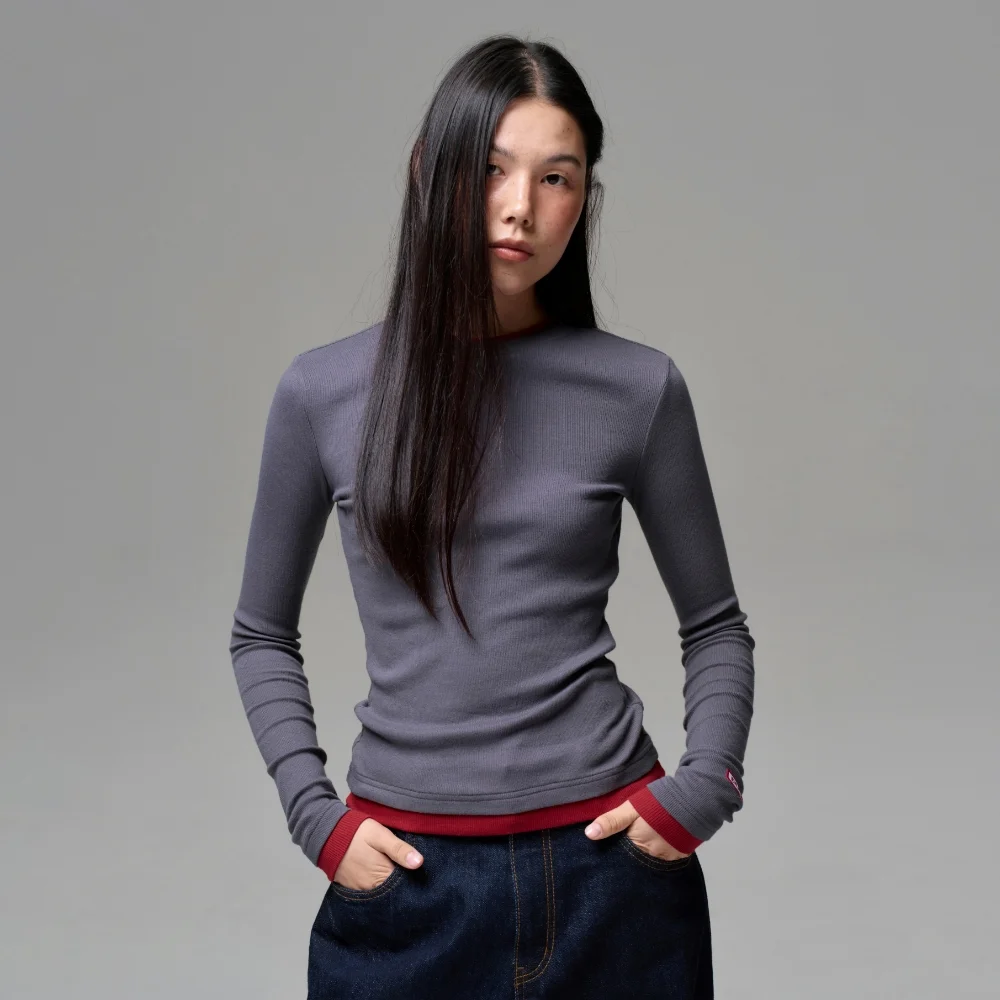 WOMEN COLOR LAYERED SLIM RIB T - ASH BERRY