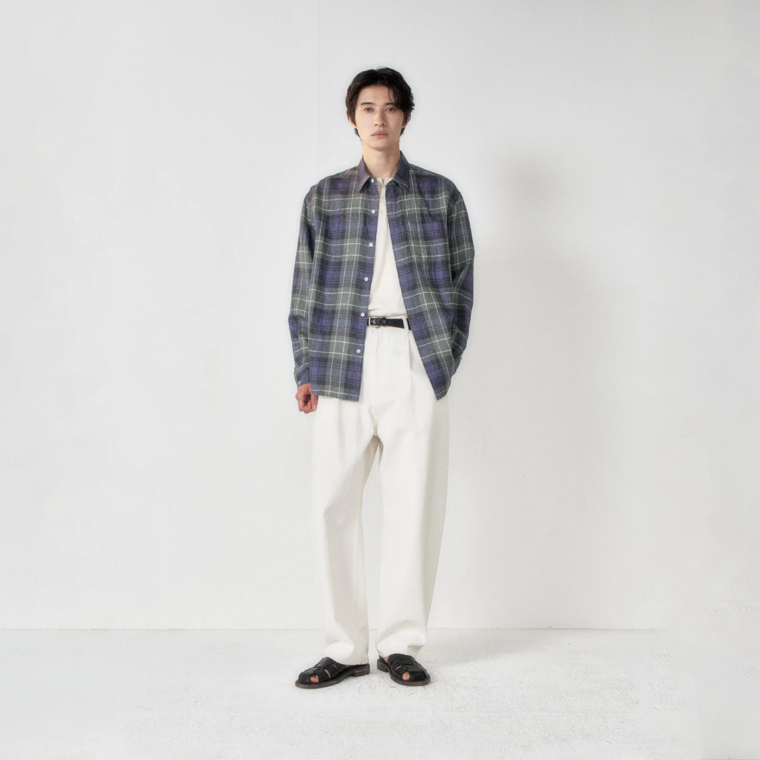 Linen French Check Shirt_Khaki/Blue