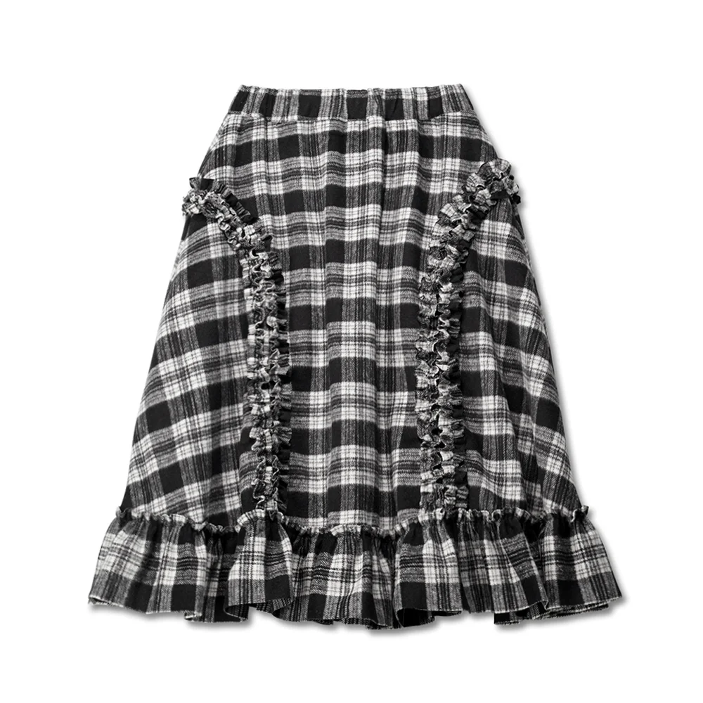 RUFFLE WOOL SKIRT - BLACK CHECK