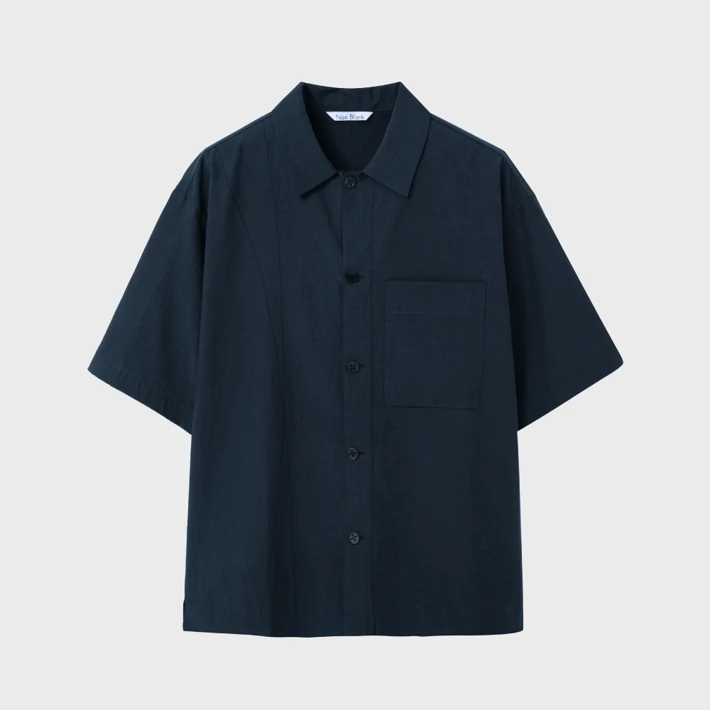 波浪 縫線 半 衣袖 襯衫_NAVY / NE-SH015011-20