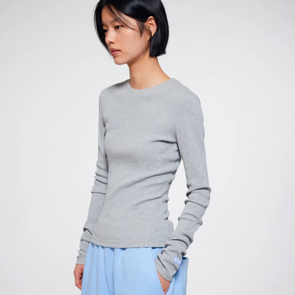 WOMEN LONG SLEEVE RIB T - MELANGE GRAY