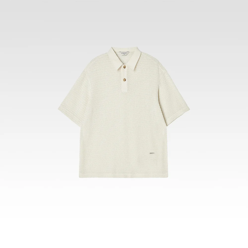 繩 針織 拼接 Polo 象牙色