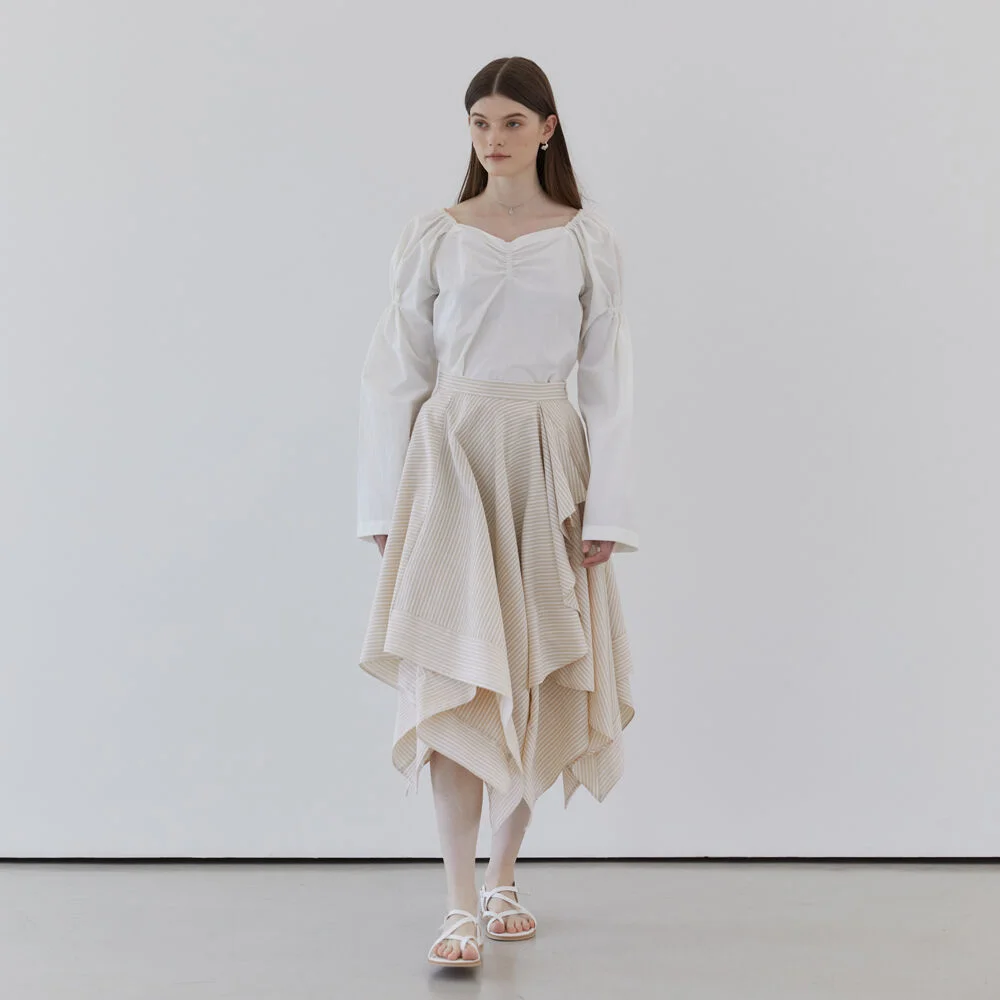 UNBALANCE LONG FLARE STRIPE SKIRT - BEIGE