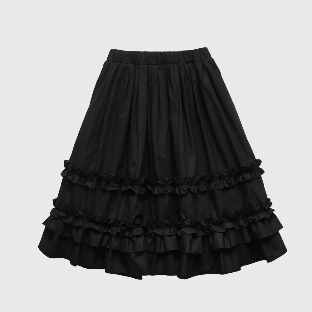 RUFFLE PLEATED MIDI SKIRT - BLACK