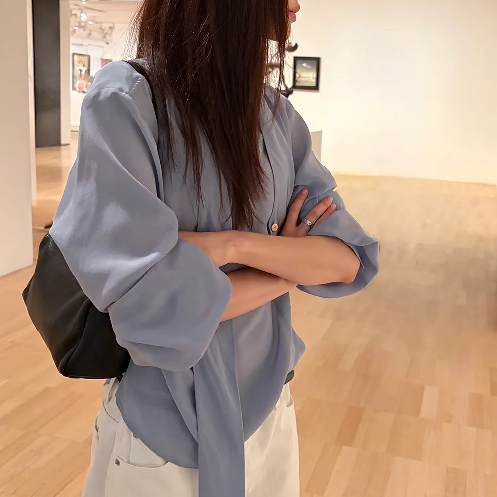 Draped tie blouse_blue grey