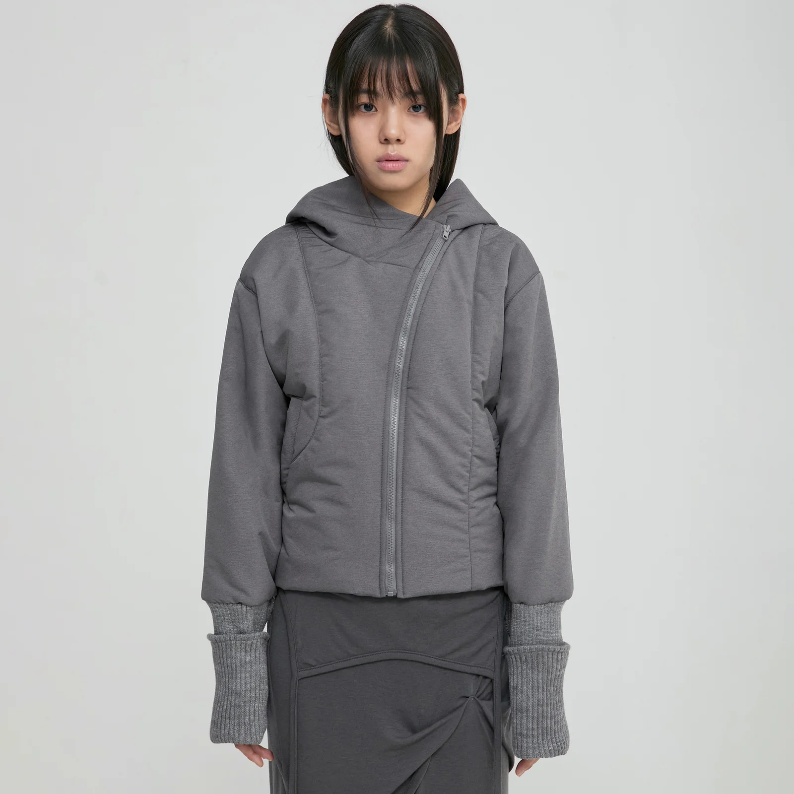 Hooded Asymmetrical Puffer Jacket (FL-053_Gray)