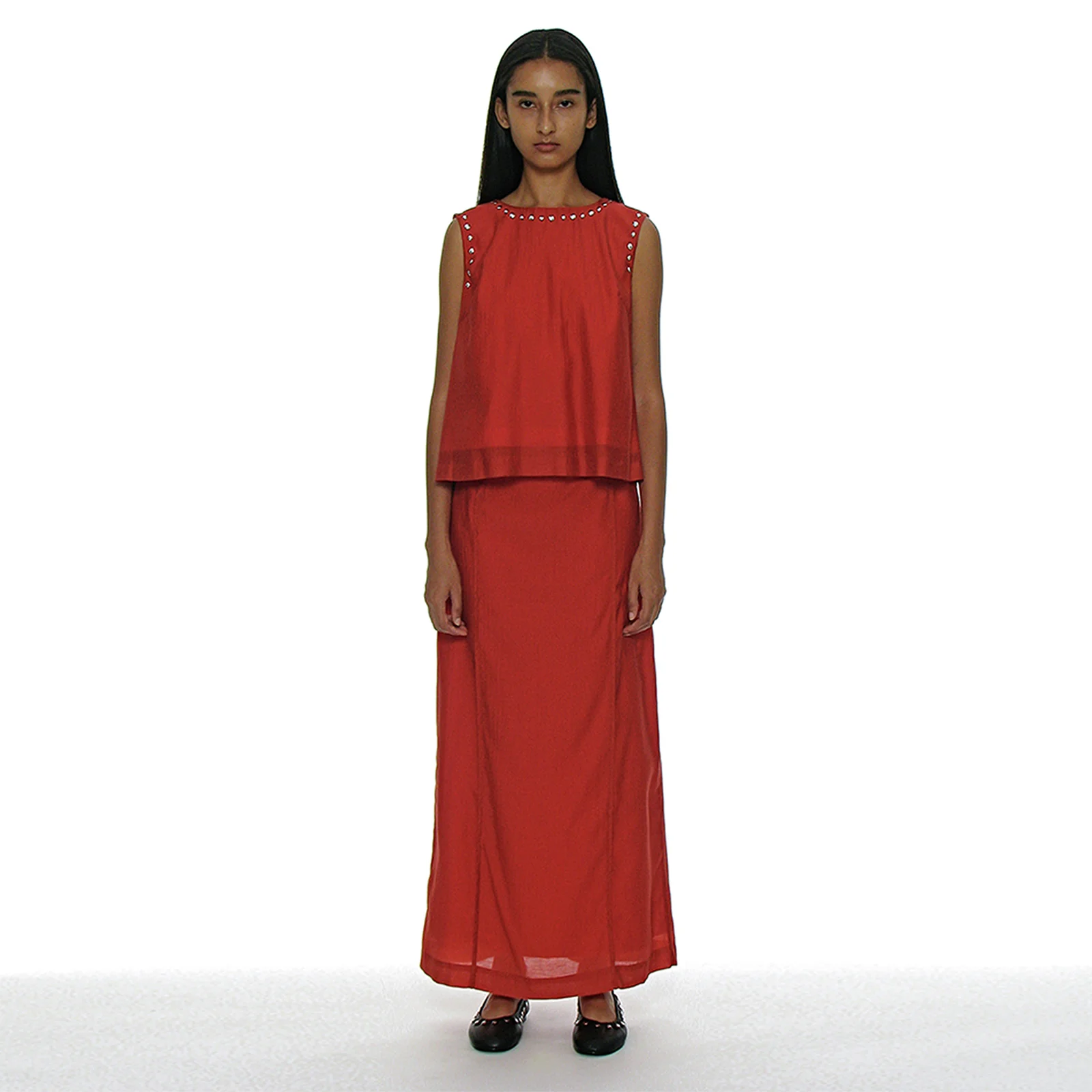SHEER LAYERED MAXI SKIRT_RED
