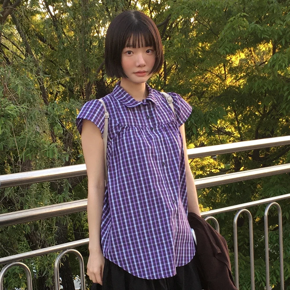 格紋 帽 衣袖 襯衫 (Purple Check)