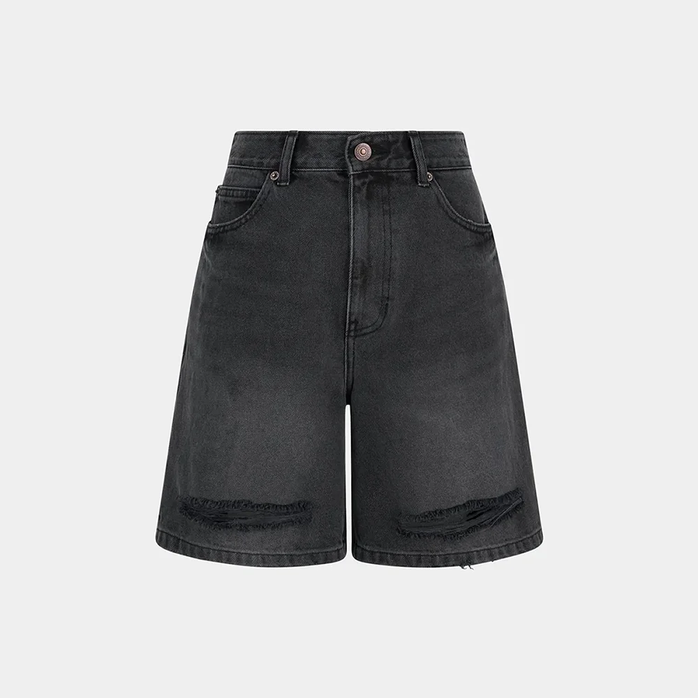 (W) DESTROYED WASHED DENIM SHORTS - BLACK
