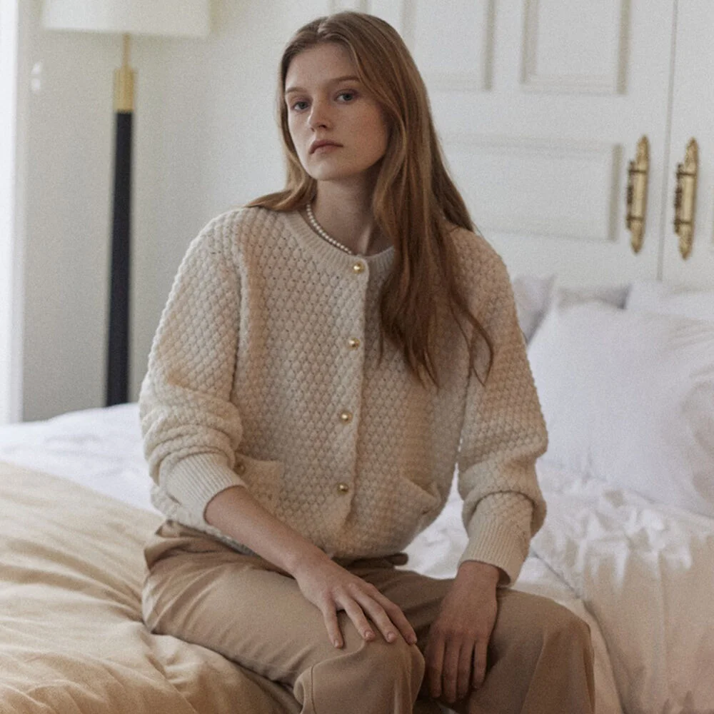 Tweed Goldish Knit Cardigan - Ivory