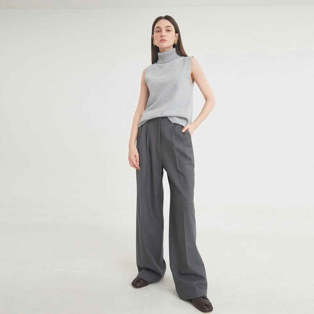 Two-Tuck Button Wide Wool Pants (Charcoal)