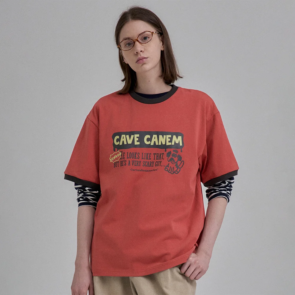 CAVE CANEM RINGER T-SHIRT - CORAL