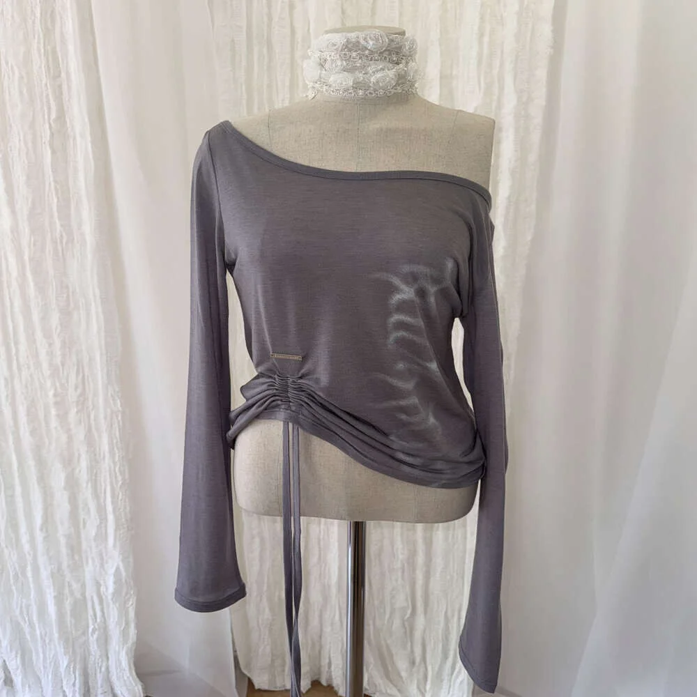 One-shoulder Side Shirring Tie Long Sleeves (GRAY)
