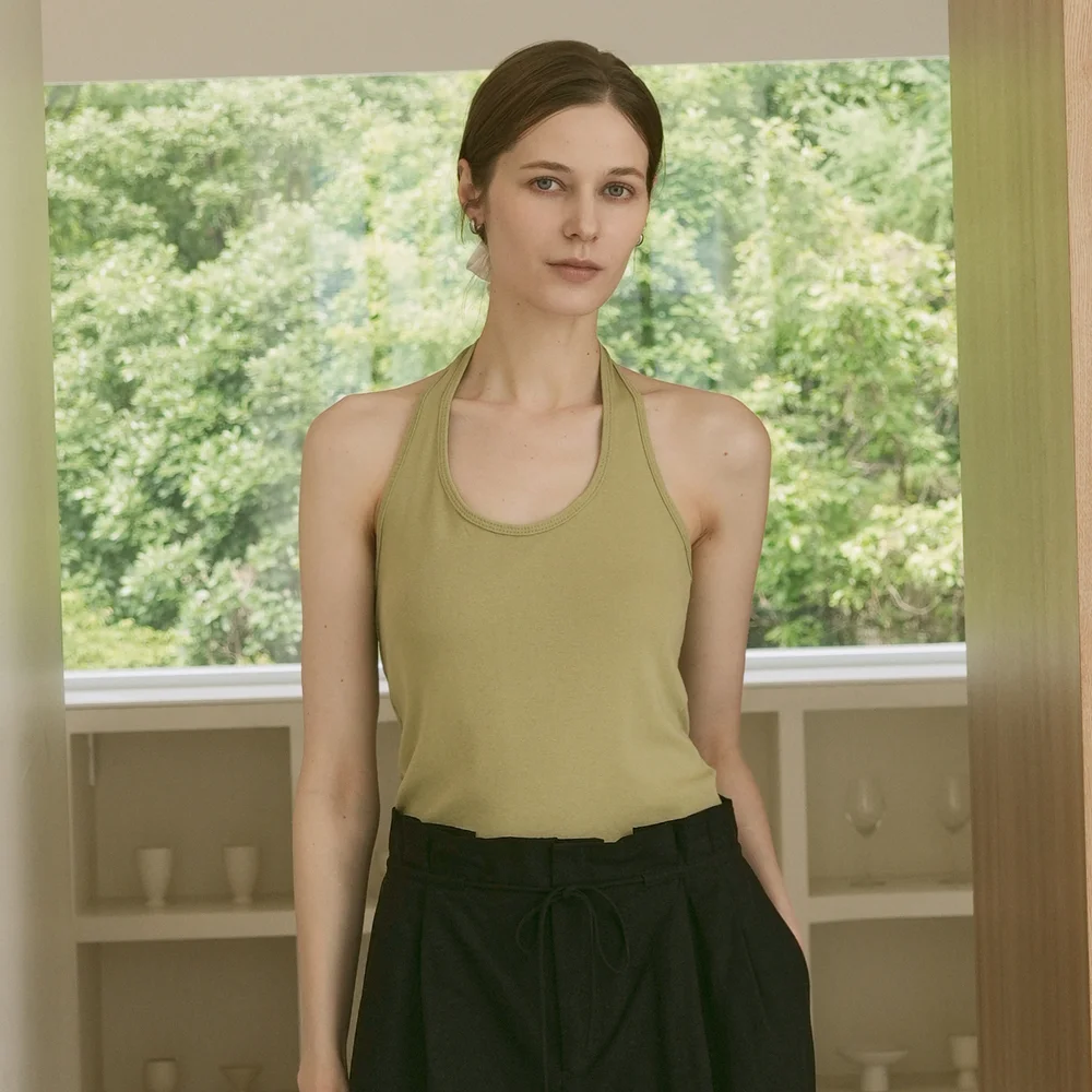 Back Label Halter Sleeveless Top (olive)